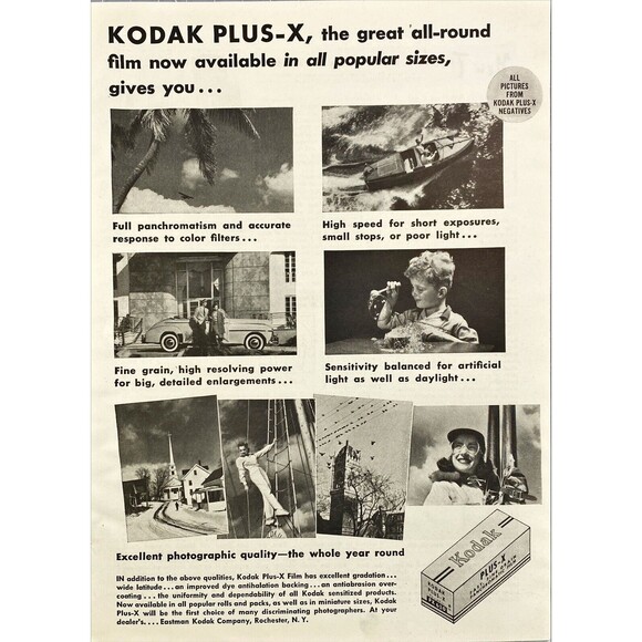Eastman Kodak "Plus-X the great all-round film in all Sizes" Vtg Print Ad 1941 - Picture 1 of 3
